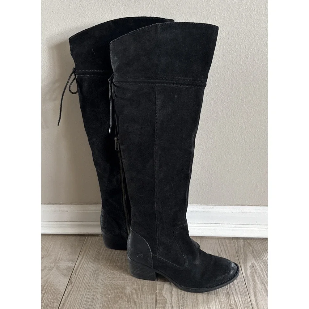 Born Womens 7M Gallinara Boot Over The Knee Black‎ Distressed Suede Riding Boho